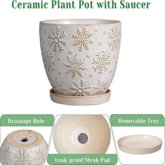 6.9 Inch Ceramic Planter with Drainage Hole and Saucer (Snowflakes White) {5}