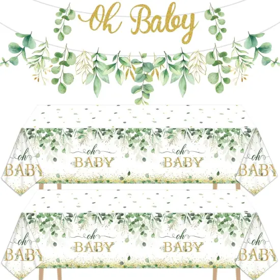 Greenery Baby Shower Banner Eucalyptus Leaves Tablecloth {1}