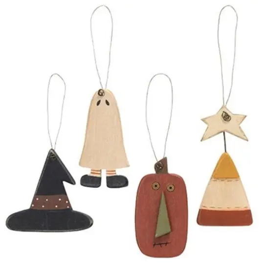 Set of 4 Rustic Halloween Decorations Wooden Witch Hat, Ghost, Candy Corn and Pumpkin Ornaments {1}