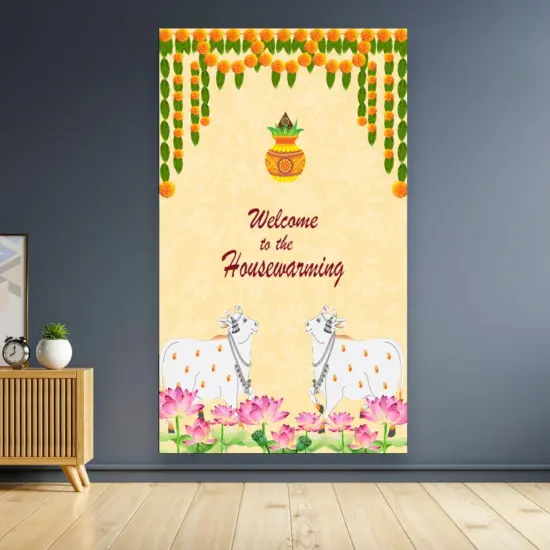 Housewarming Backdrop Indian Traditional Cloth 5x8 Feet Backdrop Pooja Wall Decor Indian Wall Art Photo Decor Banner Indian Indian Housewarming Favor Decorative Cloth {5}