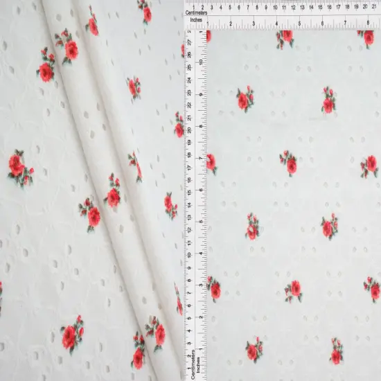 1 Yard DTY Knit Jacquard Ditsy Eyelet Print Fabric 190 GSM Polyester Spandex Blend 58/60" Width IVORY/CORAL RED {1}