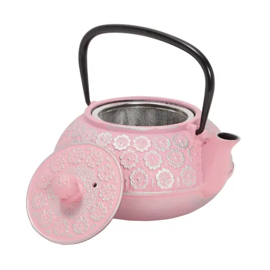 Pink Floral Cast Iron Teapot Kettle with Stainless Steel Loose Leaf Infuser (34 oz) {5}