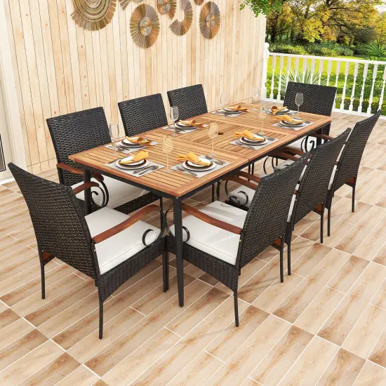 79 Inch 9-Piece Outdoor Dining Set with Acacia Wood Table and Rattan Chairs Cushions and Umbrella Hole {1}
