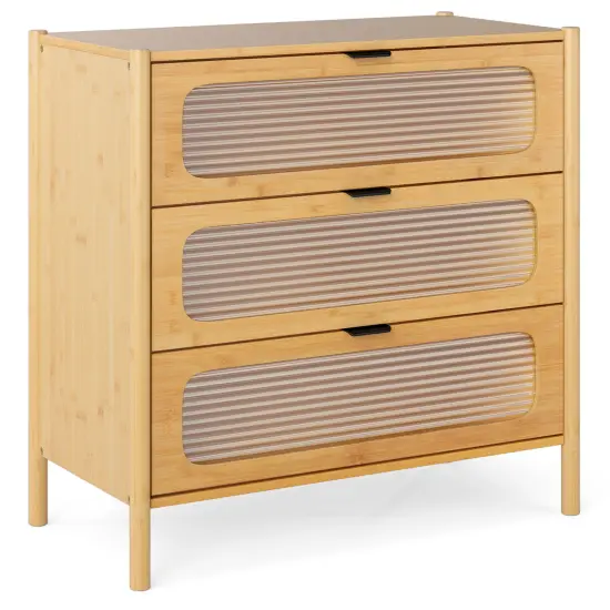 Natural Wicker 3-Drawer Cabinet with Tempered Glass Fronts and Soft-Close Drawers {1}