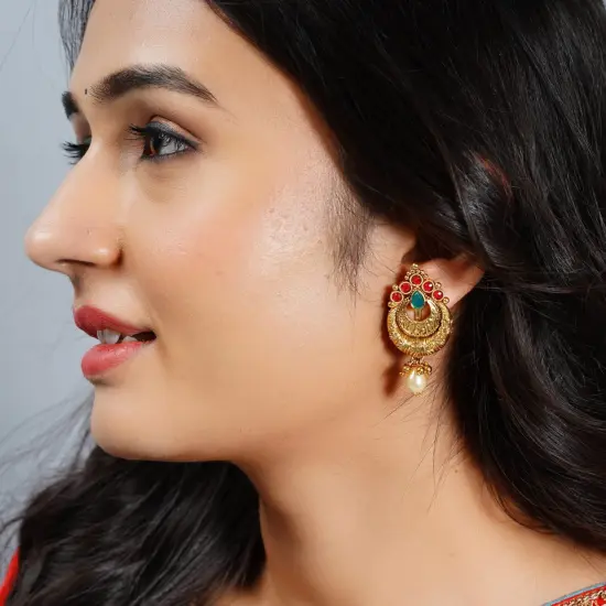 Indian Ethnic Earrings for Women - Traditional South Indian Stud Earrings Gold Plated Vibhati Jhumkas Faux Kundan Dangle Drop Earrings in Gold Tone Ear Jewelry for Bride | Gift for Her RUBYGREEN {7}