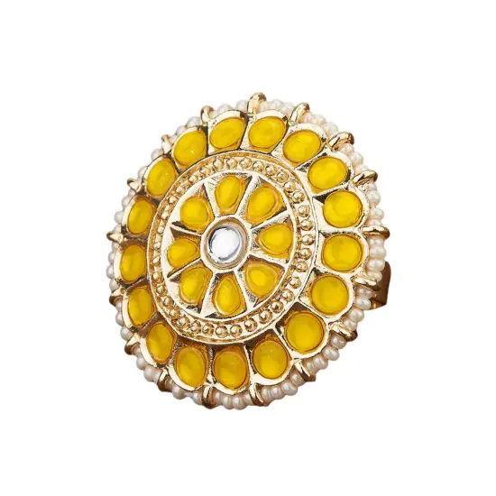 Kundan Pearl Ring with Gold Plating Vintage Round Statement Ring for Women Boho Open Wrap Finger Rings Adjustable Indian Bollywood Jewelry Hand Accessories for Wedding Party Gift Rani {3}