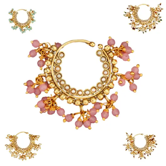 Indian Marathi Nath for Women - Indian Golden Pressing Moon Marathi Nose Ring Indian Jewelry Clip-On Marathi Bridal Nathani Bollywood Faux Pearl Non-Piercing Jewelry for Women Gift For Her Ruby-N {6}