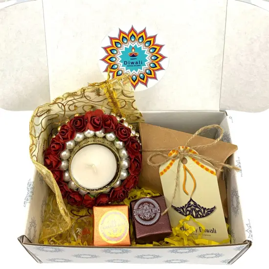 Personalize Diwali Gift Boxes Candle Holder with Mewa Bites Hamper Sweets Dry Fruits for Employees Home Office India Festival Gift Hamper for Friends Family & Relatives - Corporate Gift {1}