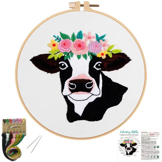 Louise Maelys Cow Beginners Embroidery Kits,Cross Stitch Starter kit for Adults with Embroidery Cloth Hoop Needles Instruction and Threads {1}