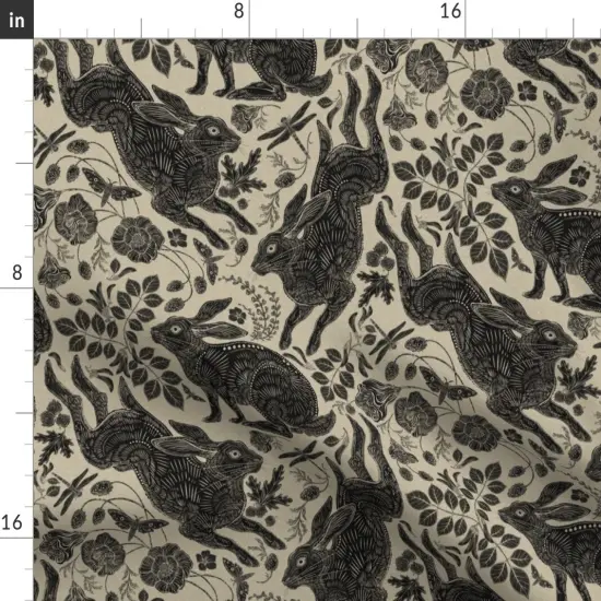 Various Fabrics by the Yard or Fat Quarter Woodland Rabbit Bunny Tan Neutral Folk Art Style Botanical Woodblock Linocut Custom Printed Fabric by Spoonflower {2}