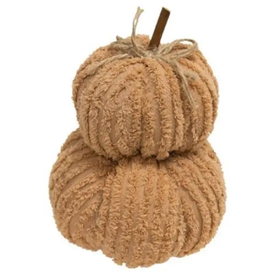 Dusty Orange Fabric Chenille Pumpkin Stack with Jute Bow and Stick Stem {1}