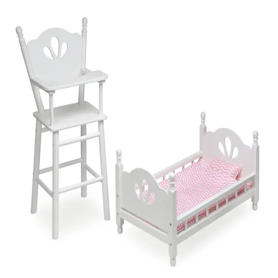 Badger Basket English Country Doll High Chair and Bed Set with Chevron Bedding and Free Personalization Kit - White/Pink {1}