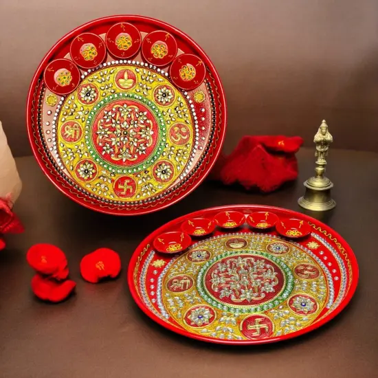 Pooja Thali with 5 Diya Bowls Rhinestone Red Painted Handmade Aarti Rituals Platter Festival Haldi Kumkum Thali Pooja Teej Diwali Wedding Engagement Plate Decorations - Housewarming Gift {3}