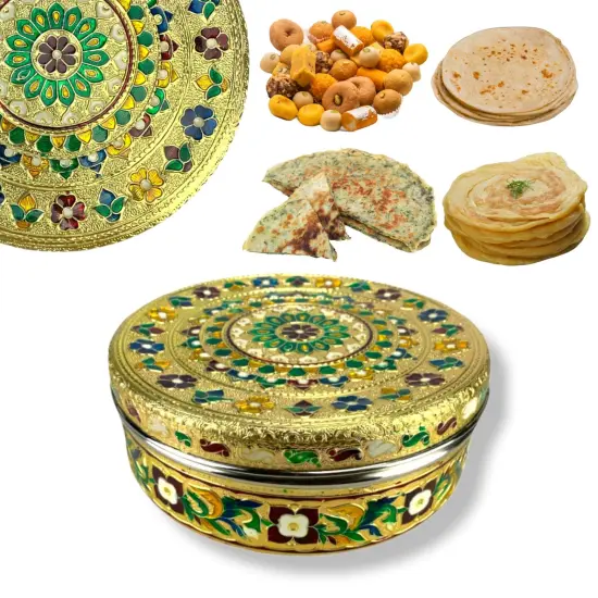 7.5 Inches Decorative Roti Papad Box Stainless Steel Small Sweet Storage Box Meenakari Container Laddu Box Spice Storage Unique Multipurpose Box Gift for Guest {1}