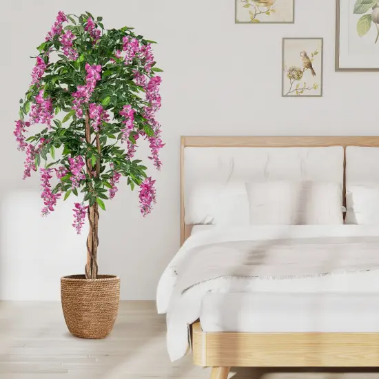 Rose Red Artificial Wisteria Tree with Real Wood Trunk and Cement Pot Perfect for Living Rooms or Bedrooms {2}