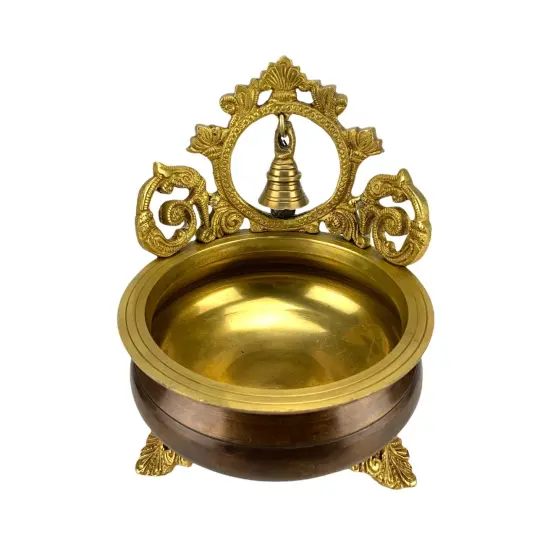 Brass Urli Bowl with Bell 7 Inch Indian Ethnic Urli Bowls for Floating Flowers Tea Light Candles Home Office Table Pooja Room Decor Diwali Decoration Showpiece Housewarming Gift {2}