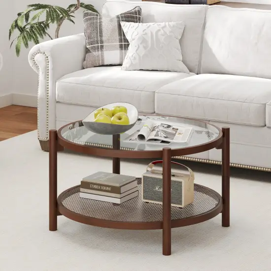 Cherry Wood Rattan Round Coffee Table with Tempered Glass Top 2-Tier {6}
