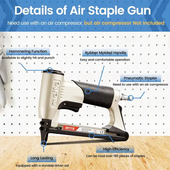 MT7116 Pneumatic Staple Gun - 22 Gauge 71 Series 3/8-Inch Crown 1/4-Inch to 5/8-Inch Length Air Upholstery Staple Gun Fine Wire Upholstery Stapler Gun {4}