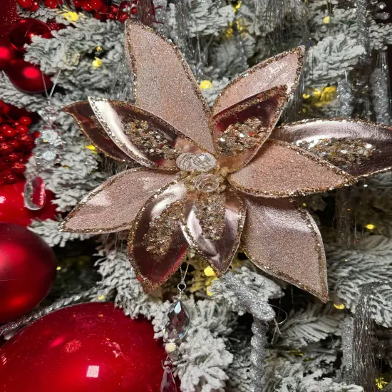 Elegant Rose Gold Poinsettia with Crystals and Glitter 12'' Set of 2 {3}