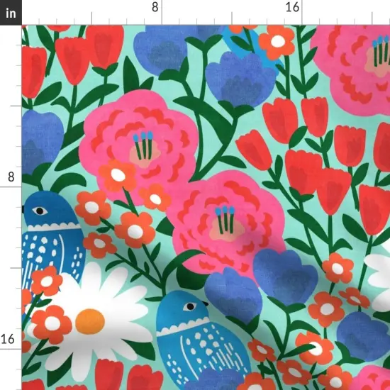 Various Fabrics by the Yard or Fat Quarter Retro Scandi Floral Botanical Birds Colorful Tulips Daisies Folk Art Scandinavian Midcentury Modern Mcm Blue Red Pink Large Scale Bold Faux Custom Printed Fabric by Spoonflower {2}