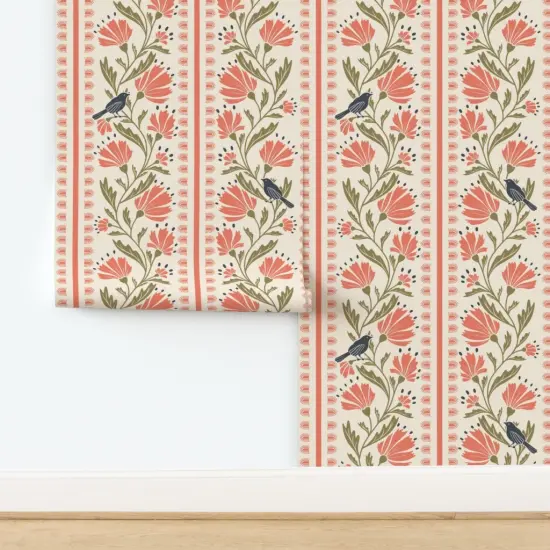 Peel & Stick Wallpaper 2FT Wide Floral Birds Stripe Cottage Vine Custom Removable Wallpaper by Spoonflower {2}