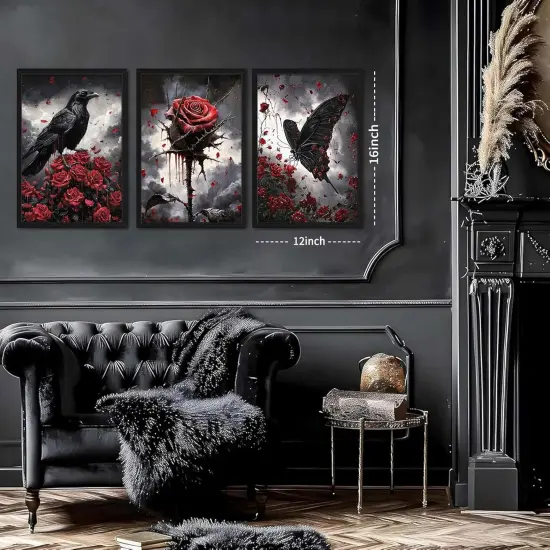 Set of 3 Gothic Wood Framed Halloween Canvas Wall Art {3}