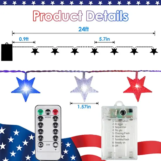 50 LED Red White and Blue String Lights Outdoor Battery Powered, 4th of July Decorations Star Lights with Remote, 8 Modes Patriotic Decor Waterproof for Independence Memorial Day National Day {1}