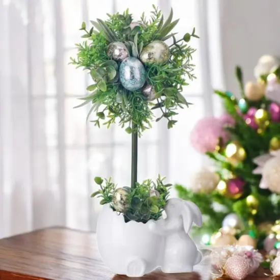 14" Ceramic Bunny Pot with Egg Topiary &ndash; Easter Tabletop Decoration {2}