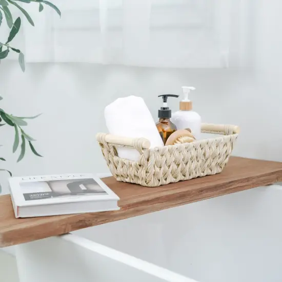 2-Pack Wicker Storage Baskets, Storage Baskets for Shelves, Trapezoid Wicker Baskets with Handles, Waterproof Woven Basket, Storage Baskets for Shelves, Butter Milk {5}