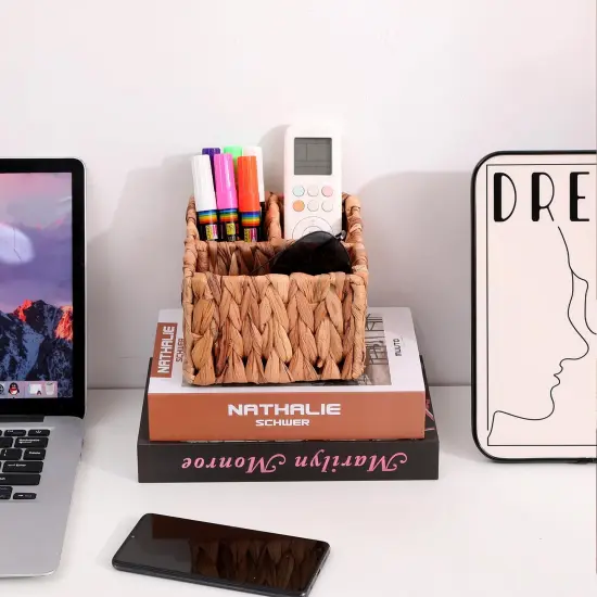 Remote Control Holder Wicker Desk Organizer Divided Storage Basket,Hand Woven Cosmetic Storage Box with 3 Compartments,Water Hyacinth Remote Control Basket for Desktop Organizing {3}