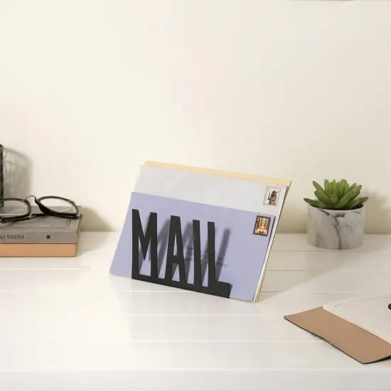 Modern Black Metal Mail Holder Countertop Organizer with Cutout Mail Lettering Design, Office Desktop Envelope and Document Storage Rack {3}