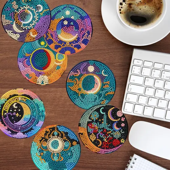 8 Pieces Diamond Art Coaster Kit with Holder DIY Sun and Moon Diamond Art Coaster Gifts 5d Diamond Dot Coaster for Beginners Adults Kids Art Table Home Craft Gift Supplies {4}