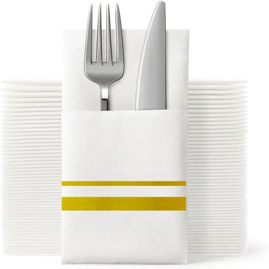 Disposable Dinner Napkins Cloth Like with Built-in Flatware Pocket,Wedding Party Linen Feel White and Golden Napkin, Prefolded for Silverware, 50 Counts {1}