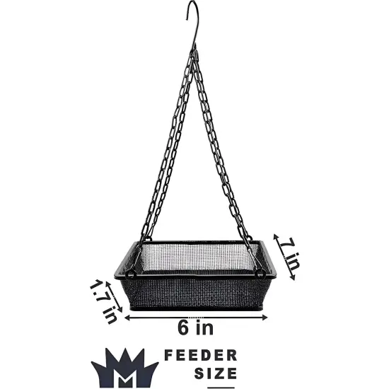 Black Iron Mesh Weatherproof Hanging Bird Feeder Tray with Chain and Perch {5}