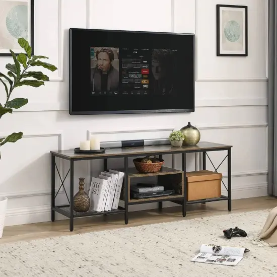 Industrial Farmhouse Metal Wood TV Stand with Media Storage Shelves {3}