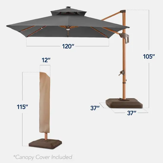 Best Choice Products 10ft Square Woodgrain Pattern 2-Tier Outdoor Solar LED Cantilever Umbrella w/ Base Gray {2}