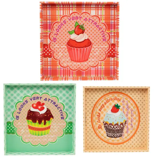 Northlight Set of 3 Green and Brown Cupcake Square Serving Trays 16" Pink {3}