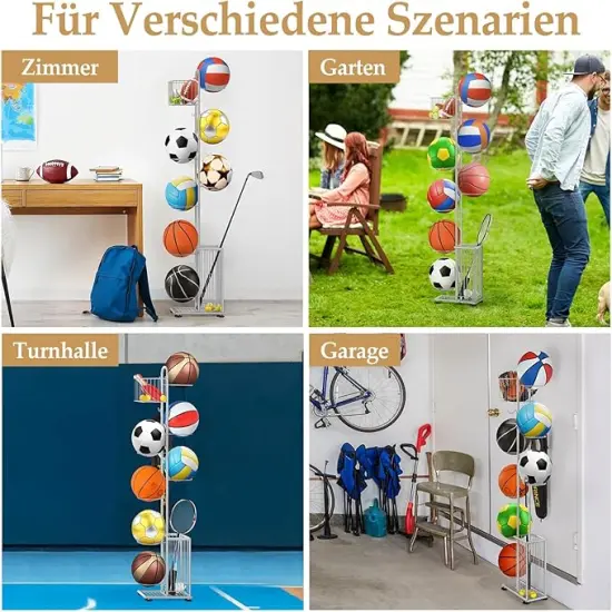 7-Tier Metal Ball Storage Rack with 2 Baskets & Hooks &ndash; Vertical Space-Saving Organizer for Basketball, Football, Volleyball, Gear | Indoor/Outdoor Garage, Gym, Kids&rsquo; Room {5}