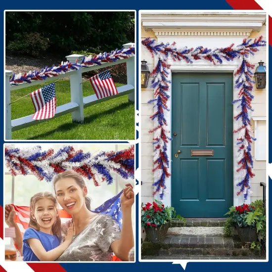 4th of July Garland with 30 Fairy Light Independence Day Red White and Blue Pine 6Ft Patriotic Cedar Garland Decoration for Memorial Day Flag Stairs Fireplace Mantel Decor {3}