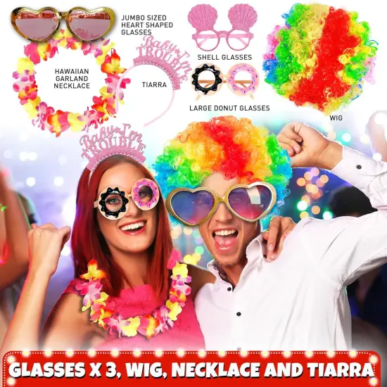 70 Pc Large Premium Photo Booth Props Set for All Occasions - Wedding Props, Birthday Props, Graduation Props, Inflatables, Large Glasses, Multi-Colored Wig, Hawaiian Lei, Hand Pump {2}