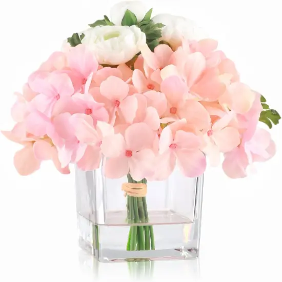 Fake Hydrangea Ranunculus Flowers in Vase, Artificial Flowers with Vase, Faux Silk Flowers in Vase Centerpiece for Home Office Hotel Wedding Party Dining Table Decor & Gift (Pink) {1}