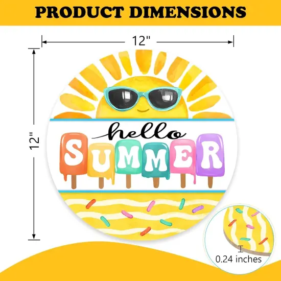 Hello Summer Sun Sunshine Front Door Sign, Popsicle Sunglasses Yellow Wood Door Hanger Outdoor Outside Porch Decor, Seasonal Wooden Wreath Indoor Wall Hanging Decoration {2}