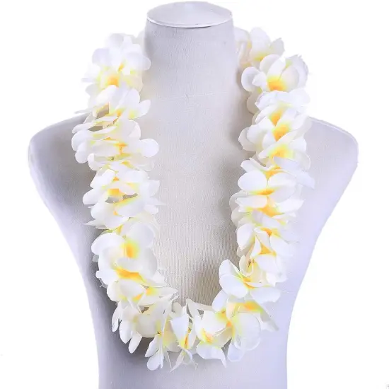 6 Pack Summer White Hawaiian Leis Necklace Tropical Luau Hawaii Wreaths Silk Flower Lei Thickened Dance Garland Flower Leis {1}