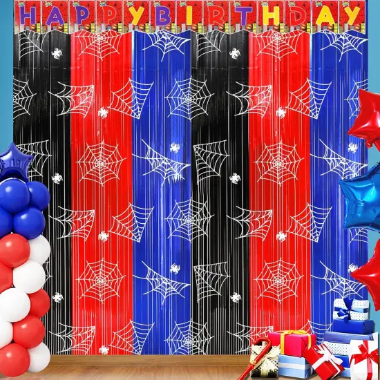 Spider Web Birthday Party Decoration Supplies, 2Pack Metallic Tinsel Foil Fringe Curtains 3.3x6.6ft, Red Blue Black Photo Booth Prop Backdrop Party Streamer, for Spider Birthday Party House Room Decor {1}