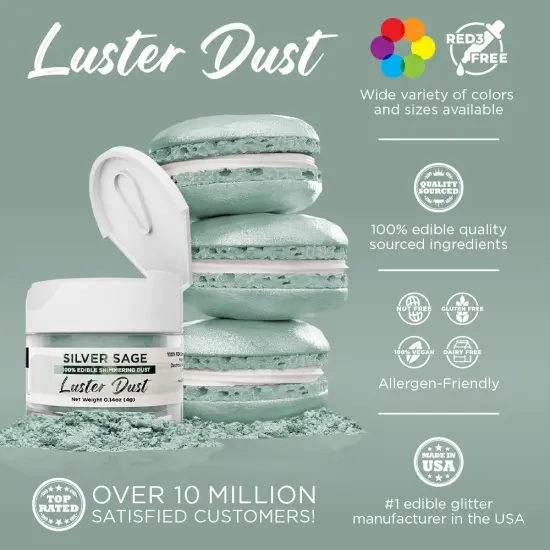 Bakell - Silver Sage Luster Dust (4g, 1x Jar) Edible Vegan Dust & Paint for Baking, Desserts and Beverages {2}