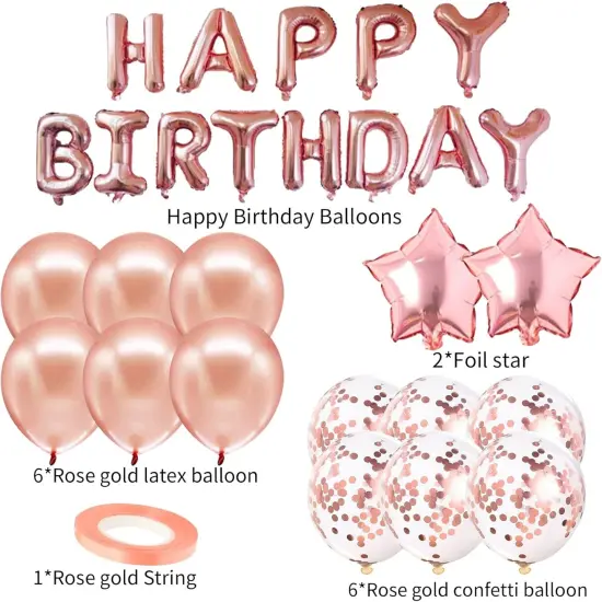 Birthday Party Decorations, Pink Set 15pcs - Happy Birthday Banner, Heart Star Balloons, Foil Confetti Balloons {3}