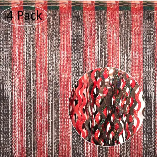 4 Pack 3.3x6.6 ft Red and Black Foil Fringe Backdrop Curtains - Wavy Tinsel Streamers Birthday Birthay Decorations, Fringe Backdrop for Graduation, Xmas, Disco Party {2}