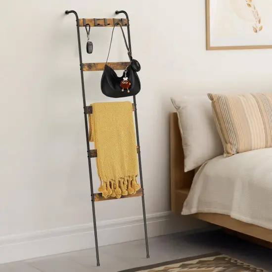 5-Tier Blanket Ladder with 10 Removable Hooks - Rustic Brown Wall-Leaning Towel Rack Organizer for Living Room, Bedroom, Bathroom Decor {6}