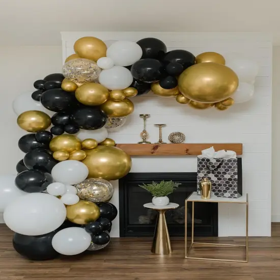 Black and Gold Garland Arch Kit Metallic Confetti Dots Various Sized Balloons Decorative Elements Square Shimmer Wall Transparent Heavy Duty Hooks Black Ribbon Happy Birthday Wedding Graduation {2}