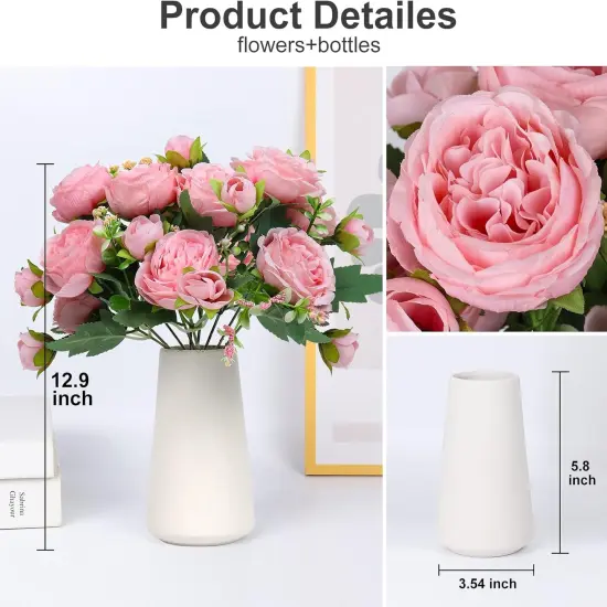 Faux Peony Flowers with Vase Fake Bouquet with Stems Artificial Greenery for Floral Arrangements Silk Plants for Home Decor Indoor Rustic Coffee Centerpiece Table Mother's Day(Pink) {2}